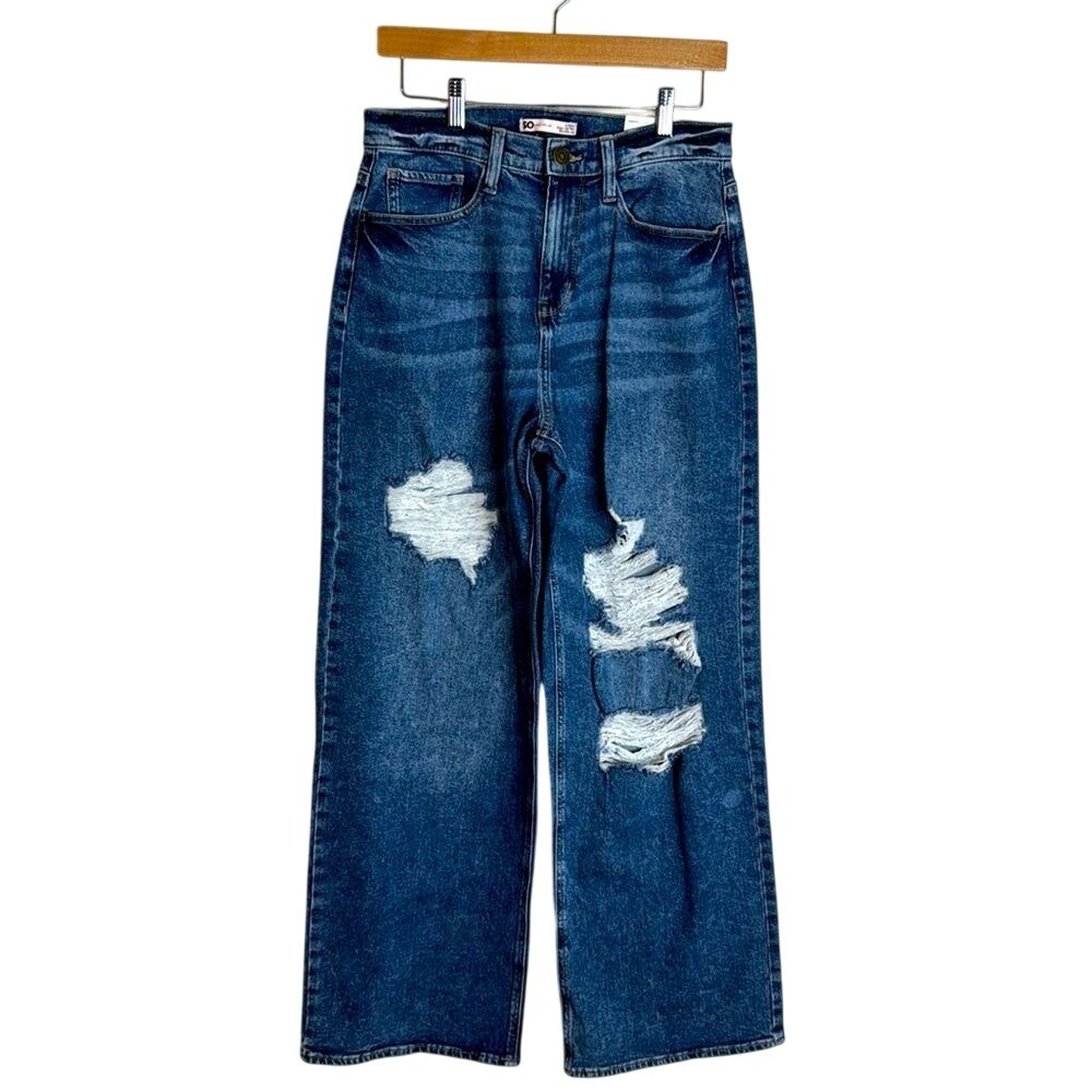 SO Women Super High Rise Wide Leg Distressed Denim Jeans Blue 11/30W